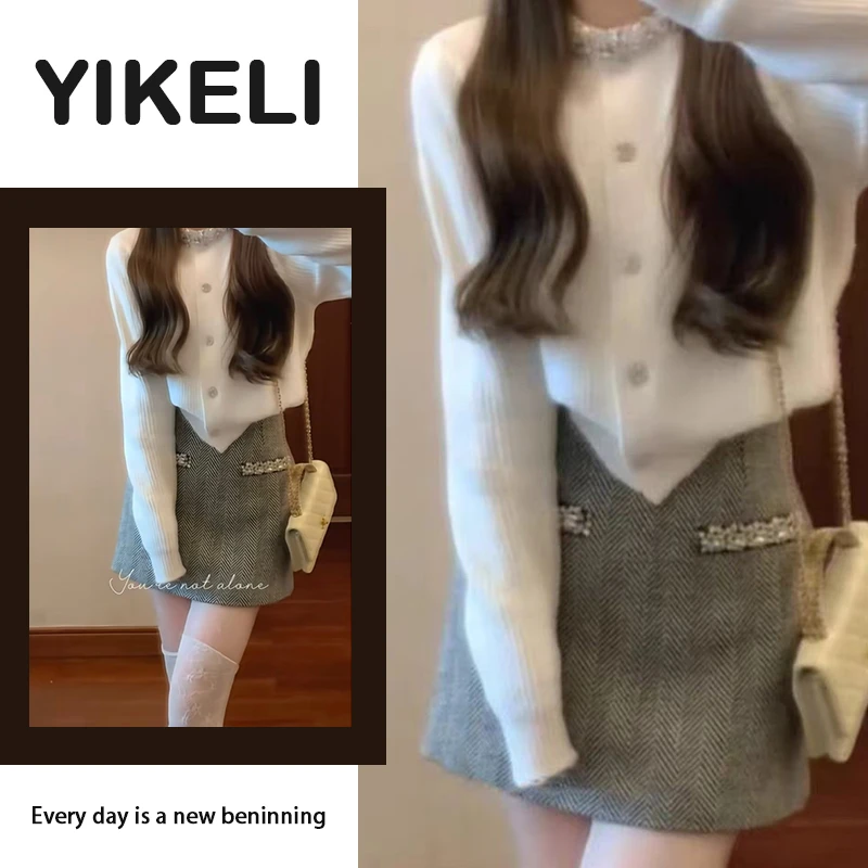 春秋穿搭一整套2025新款香风针织短款开衫上衣气质半身裙两件套装