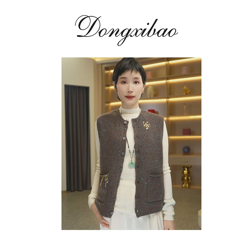 【纯山羊绒】绣花圆领开衫叠穿坎肩