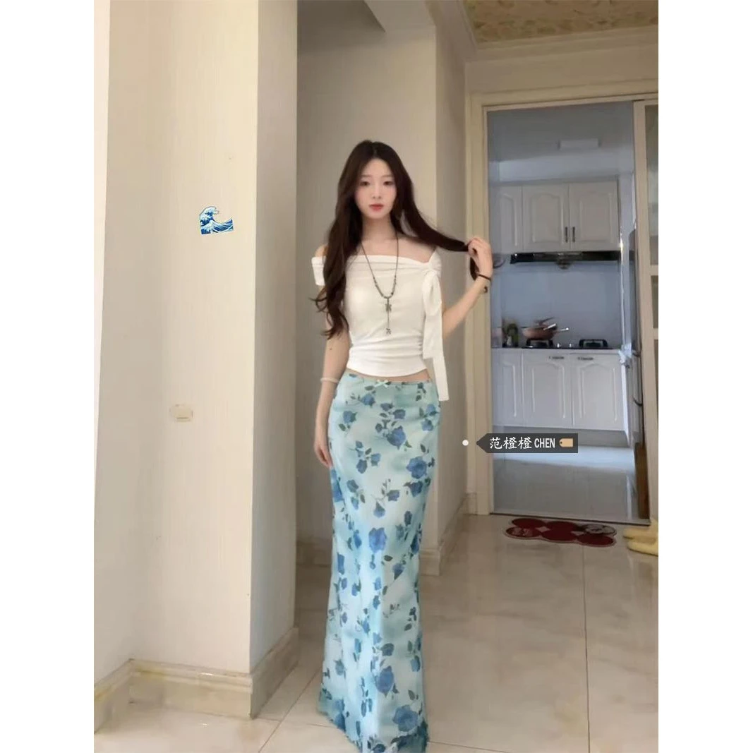 老钱风松弛感女装贵气K纯欲风一字肩绑带短袖T恤上衣套装女夏度假