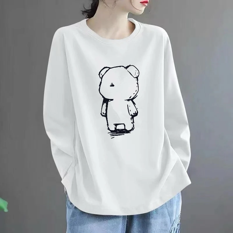 纯棉2025春秋新款长袖t恤女圆领宽松显瘦百搭长袖打底衫上衣