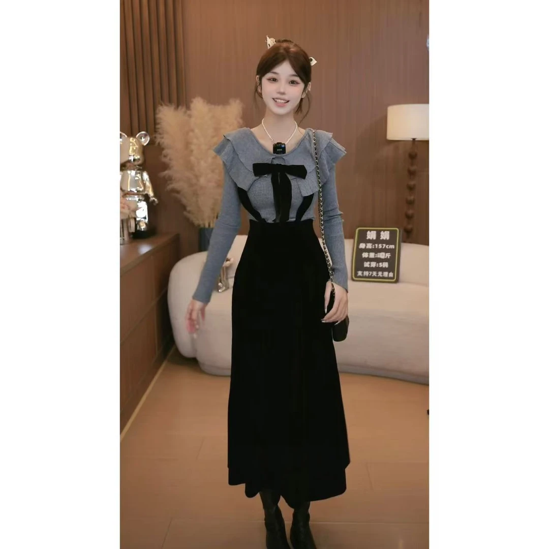 韩系早秋穿搭荷叶边金丝绒连衣裙女大方得体针织衫两件套