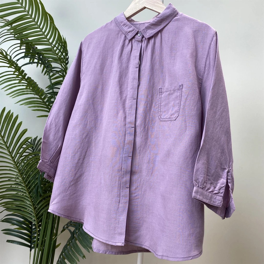 【七分袖暗门襟口袋苎麻衬衫】2764