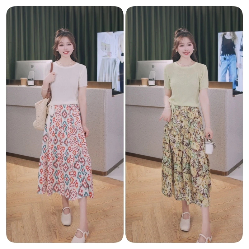 夏季新款碎花高腰大裙摆显瘦复古气质温柔风俩件套