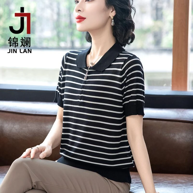 锦斓100%莱赛尔天丝气质条纹妈妈夏季短袖冰丝针织衫中年薄款小衫