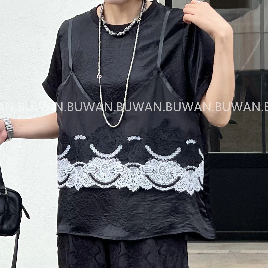 BUWAN【贴切】夏季小众高品醋酸蕾丝小吊带正肩短袖上衣9369