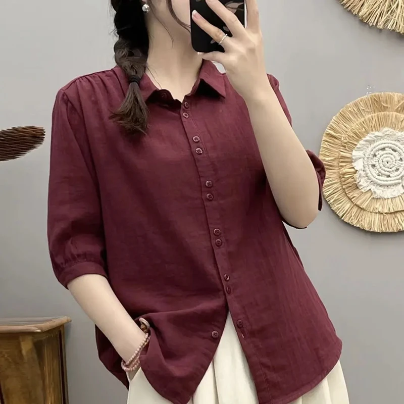 夏季薄款纯棉双层棉纱短袖衬衫女五分袖方领休闲宽松休闲衬衣