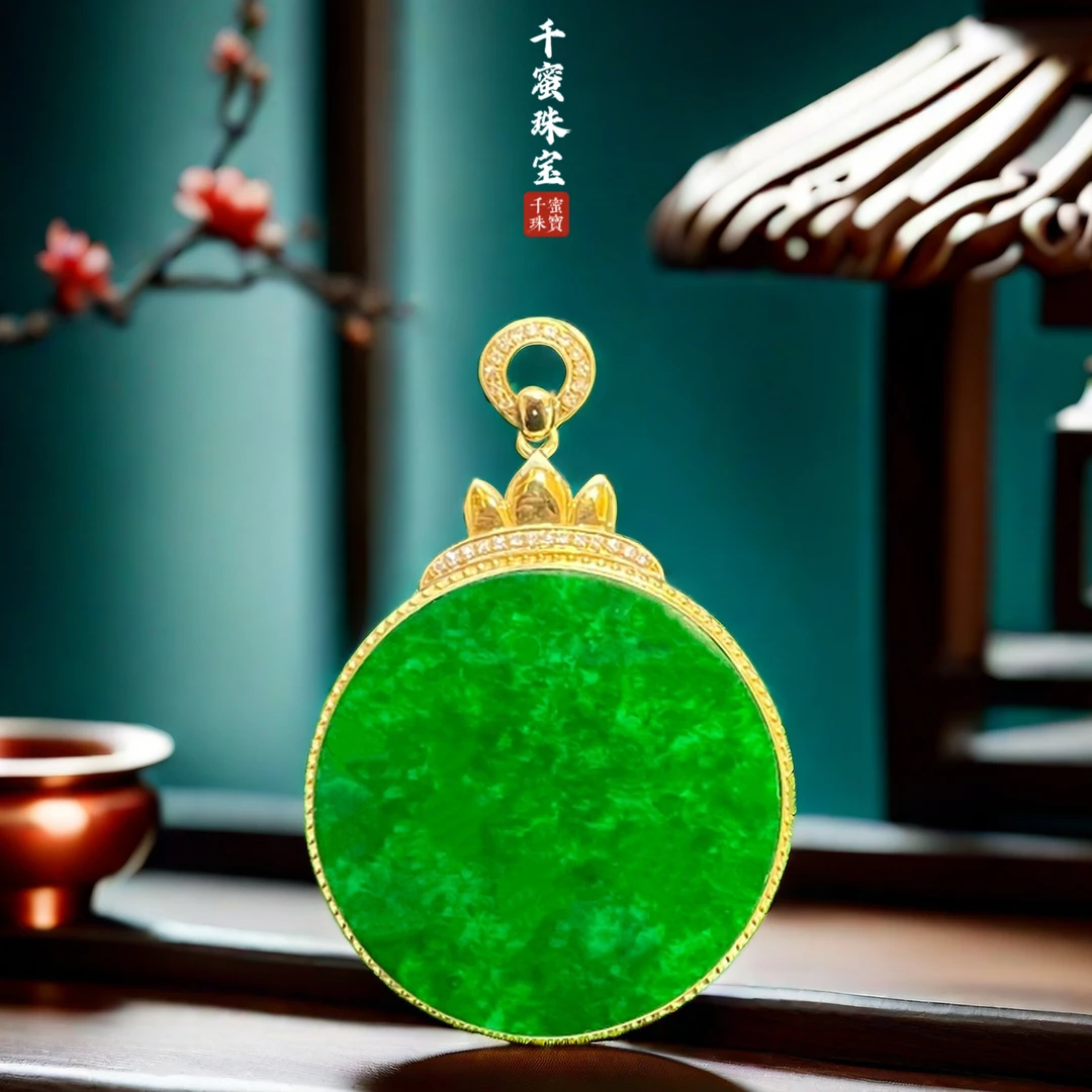 18K天然缅甸A货翡翠皇冠圆牌吊坠8Q329