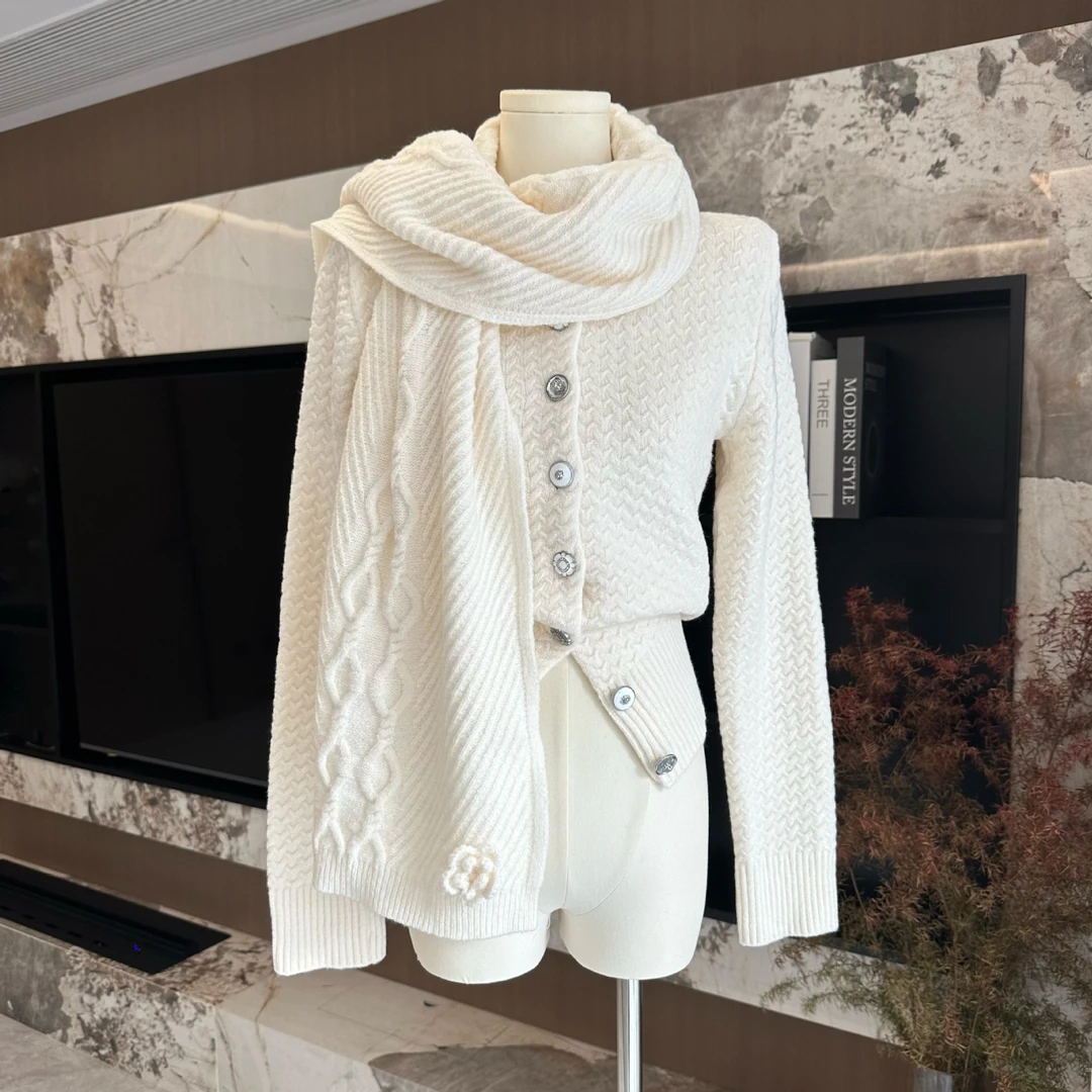 Neo Studio 25SS 法式白色名媛长袖针织开衫自带围巾高级上衣