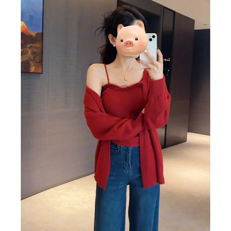 巨好看的韩系早秋氛围感穿搭一整套橘色针织开衫吊带上衣两件套装