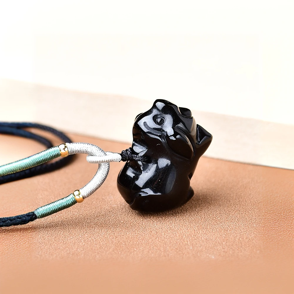 天然黑曜石立体生肖猪吊坠项链男女时尚百搭个性时尚银曜石发财猪