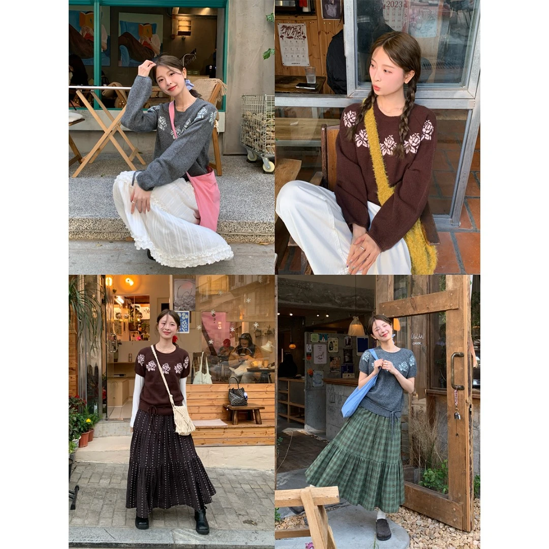 RAINY 复古撞色提花毛针织衫春秋女软糯短袖宽松套头系带毛衣上衣