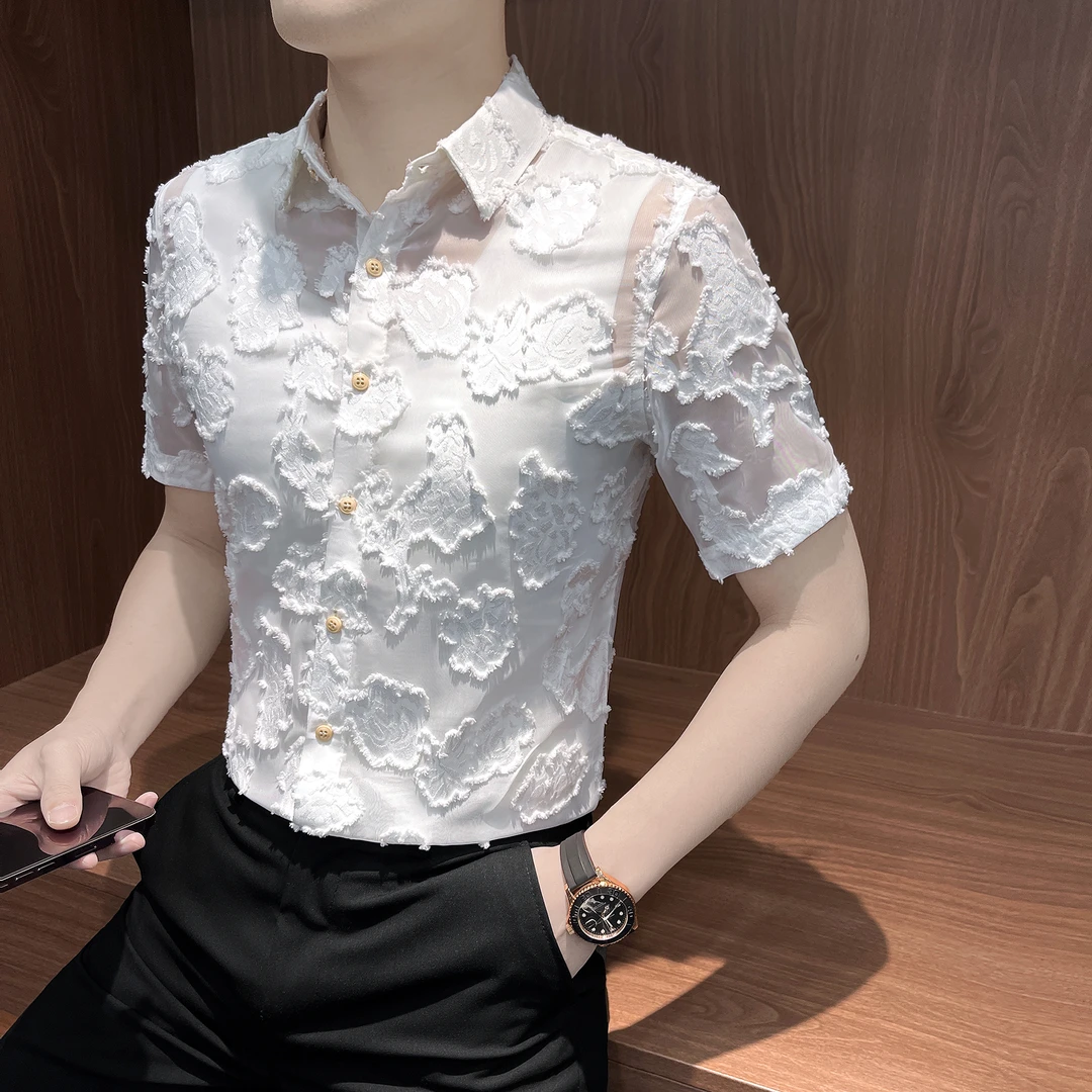 网纱提花衬衫男短袖秋季薄款性感夜店男模穿搭痞帅高级感男士衬衣