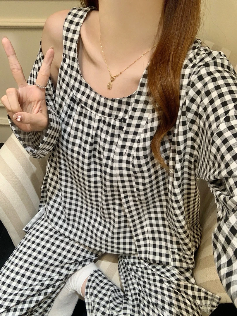【带胸垫】韩系黑格子睡衣春秋季少女吊带长袖长裤三件套家居服外穿