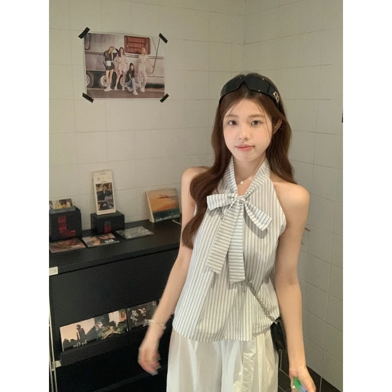 乌77韩系条纹蝴蝶结挂脖系带吊带背心女设计感宽松遮肉无袖上衣夏