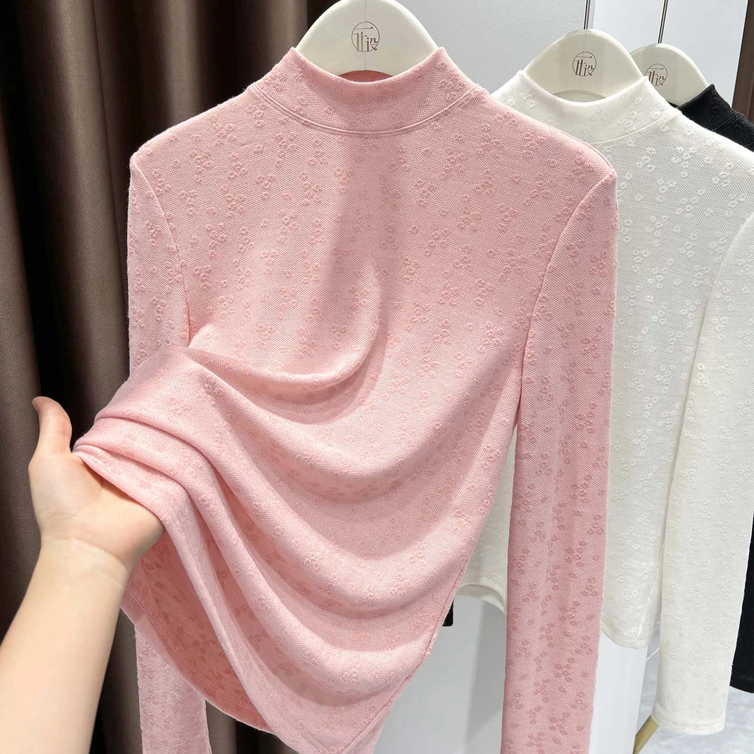 粉色少女感软糯长袖T恤女秋冬新款别致半高领上衣洋气提花打底衫