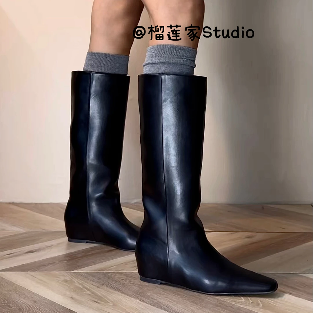 小个子老钱风法式方头美拉德高筒骑士靴女鞋2025新款