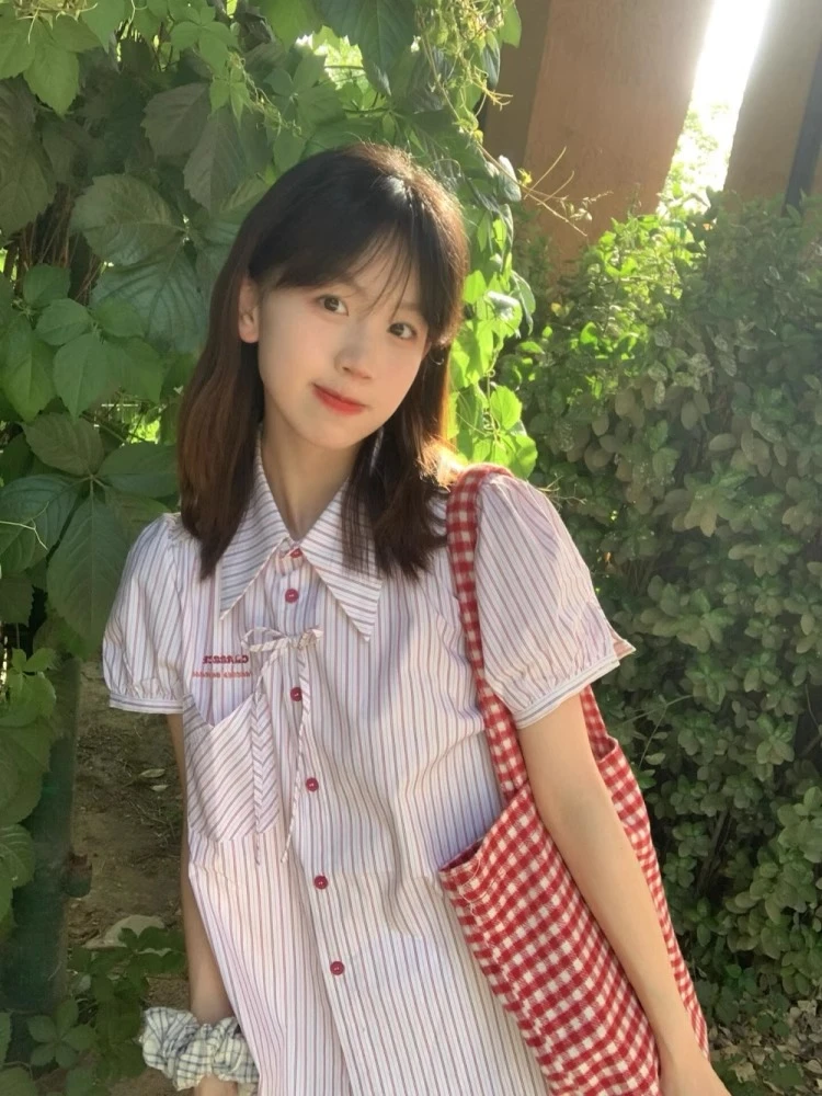 甜美条纹短袖衬衫女2025夏季小个子泡泡袖短款减龄蝴蝶结衬衣上衣