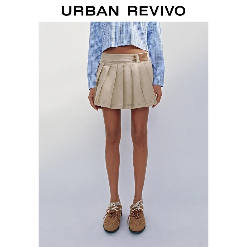 UR2026春季新款女装复古学院风百褶皮标装饰半裙UYL550071