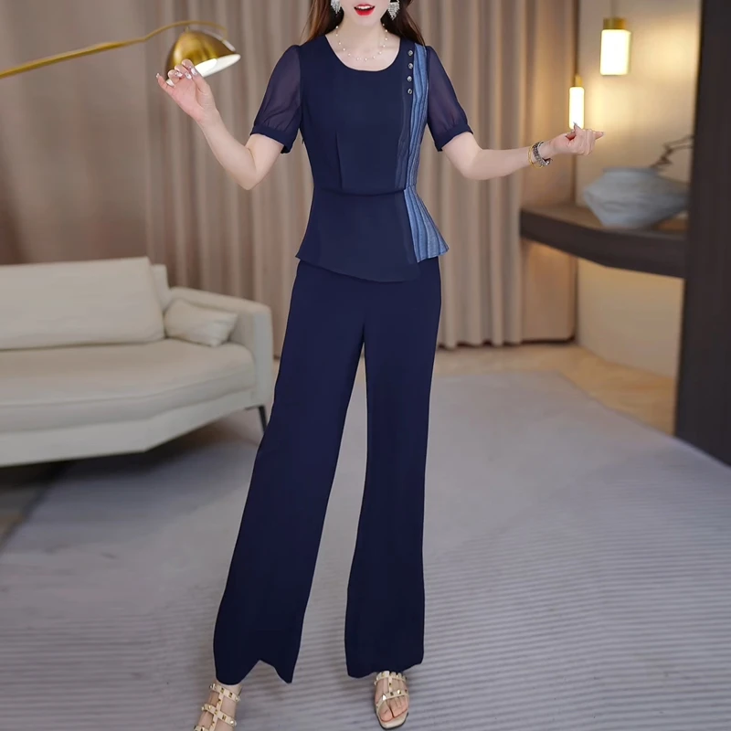 两件套小香风气质修身遮肉上衣2025年夏季新款时尚洋气阔腿裤套装