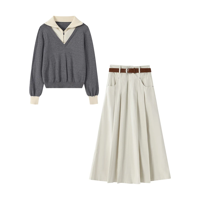 秋冬穿搭一整套女新款假两件拼接针织衫休闲百褶长裙两件套2711