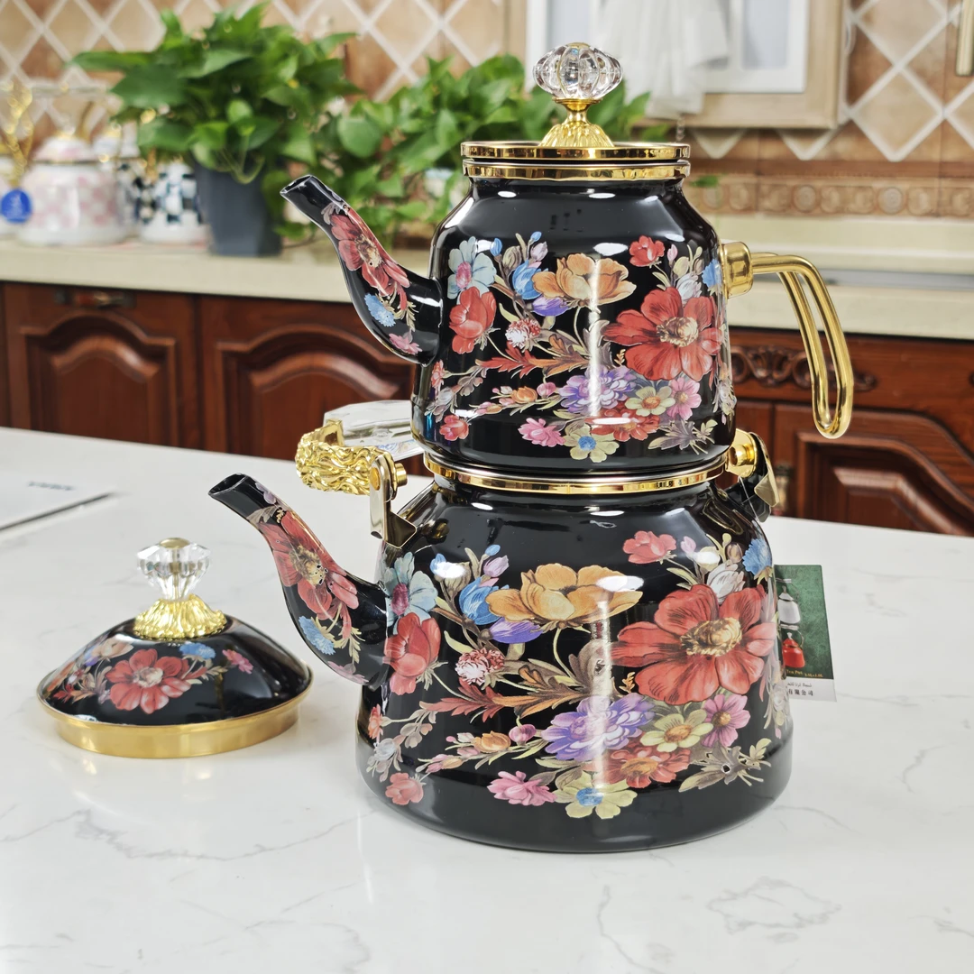 珐琅手工搪瓷茶壶烧水壶双层母子茶壶手绘美式油画风黑白格子新疆