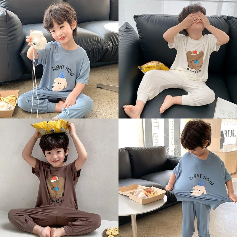莫代尔儿童空调服夏季宽松薄款柔软女童男童宝宝束脚睡衣家居服潮