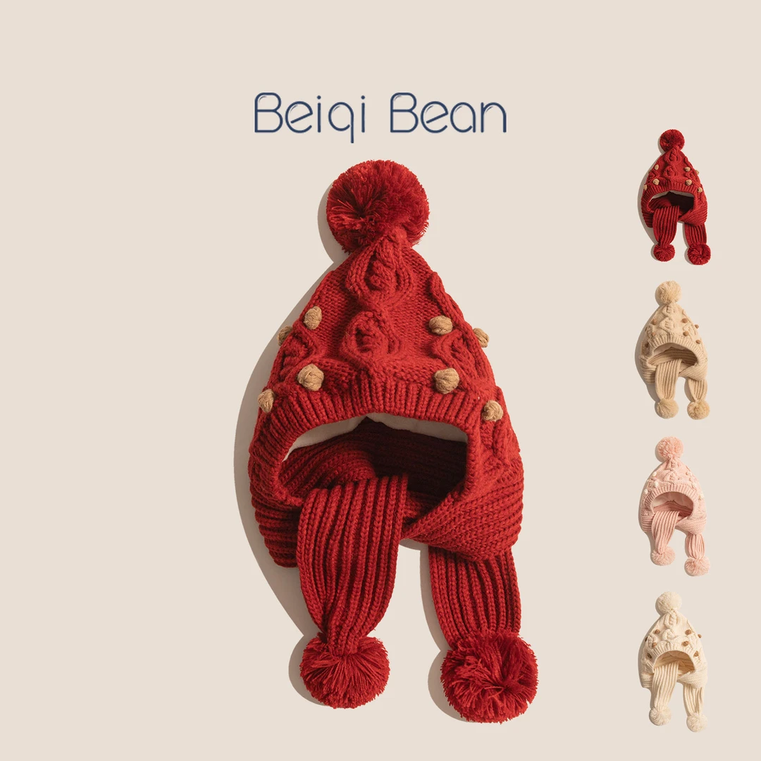 儿童帽子围巾一体秋冬季毛线手工围巾帽女童加绒圣诞宝宝护耳帽潮