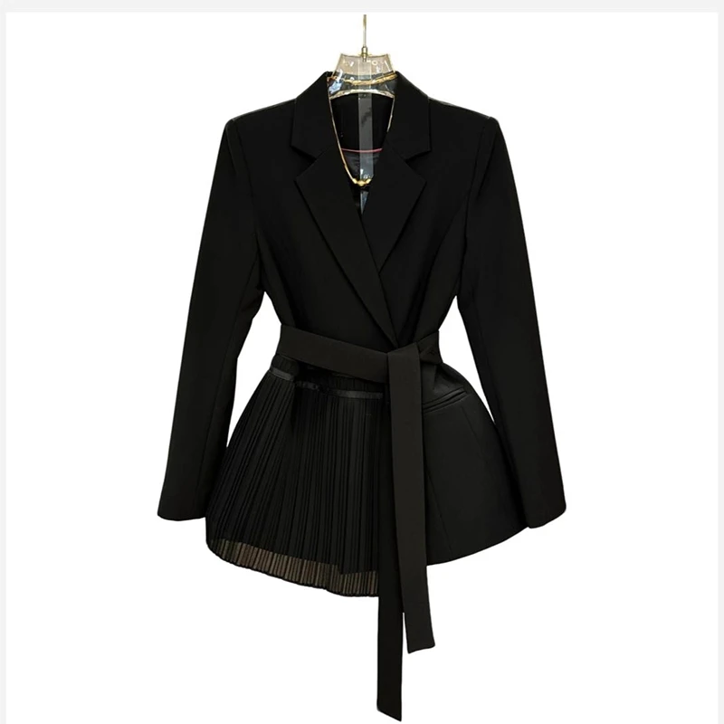 2025秋装新款高级感轻奢修身系带纯色拼接纱窗外套女秋季外套西服