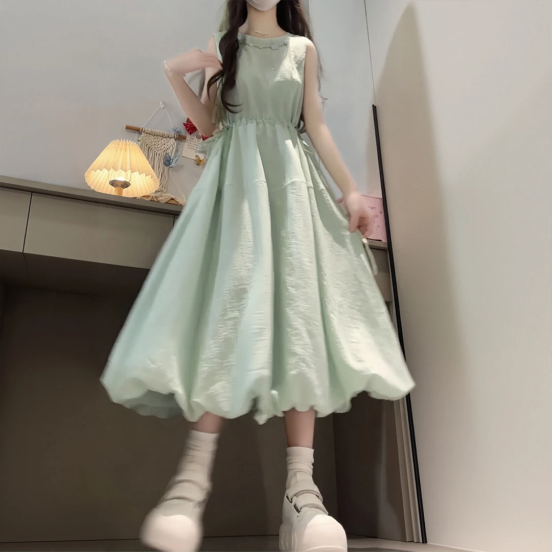法式甜美薄荷绿背心连衣裙女夏小个子小清新蝴蝶结收腰花苞长裙子