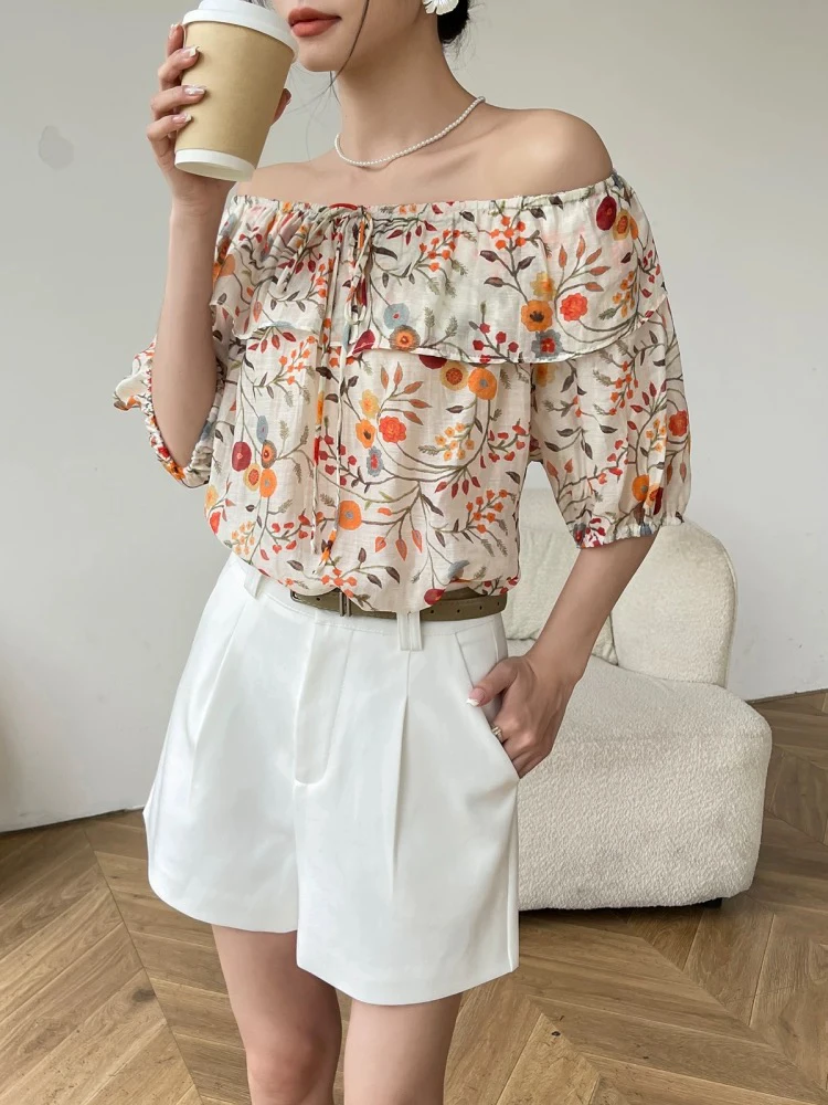 韩系甜美碎花灯笼袖圆领衬衫女夏季2025时尚减龄褶皱宽松套头上衣