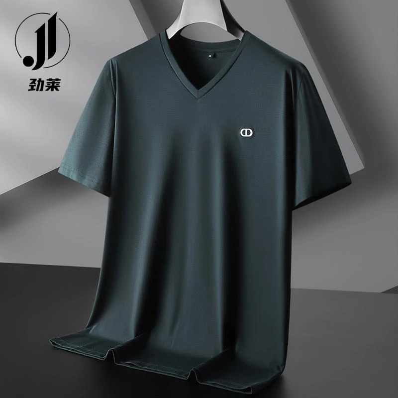 夏季高端体恤衫莫代尔棉V领短袖男士加肥加大码宽松胖子半袖体恤