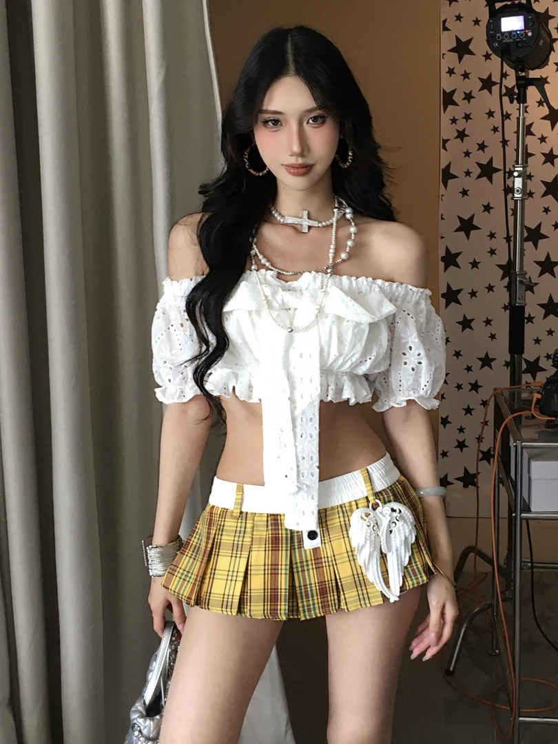 6NE 甜美蝴蝶结镂空一字肩短袖t恤时尚套装女夏显瘦半身裙两件套