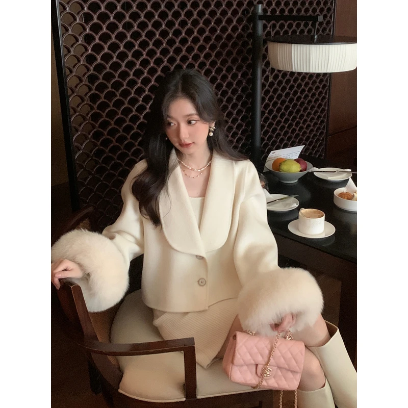 【月光之恋】小个子羊毛狐狸毛领新款法式双面呢女外套毛呢高级大衣