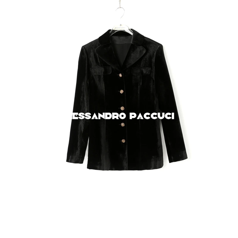 AP洛哥43185WZ【黑标/黑欧泊】加密桑蚕丝丝绒手工钉珠扣收腰西装