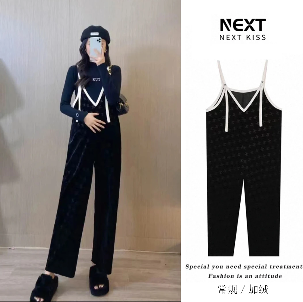 孕妇背带裤春秋2025新款金丝绒印花裤子秋冬加绒加厚减龄孕妇装女