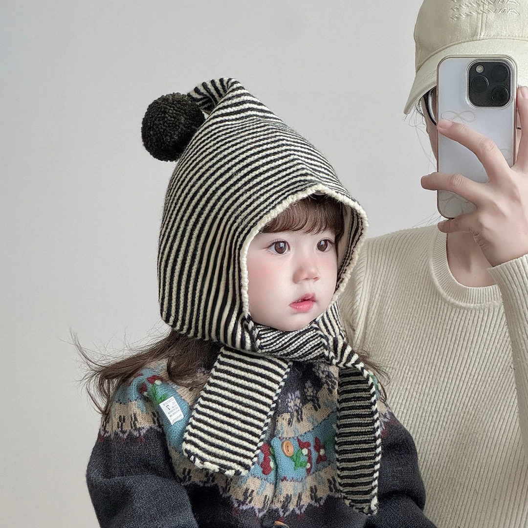 韩版儿童帽子冬季保暖加厚围巾一体帽男女宝宝防风毛线护耳帽潮Y