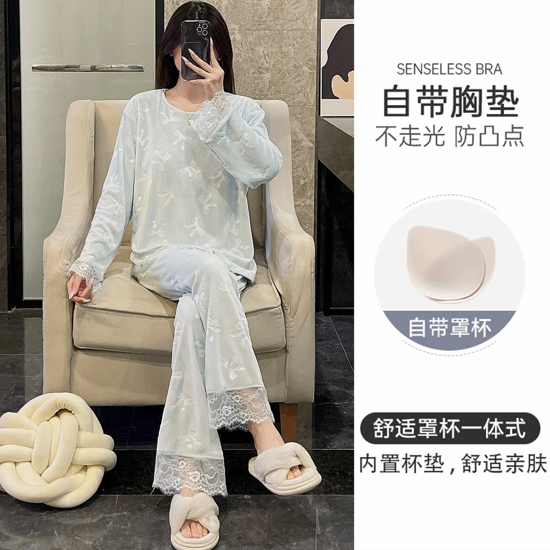 睡衣女秋冬季海岛绒超柔软带胸垫大码加厚保暖蓝色领结套装家居服