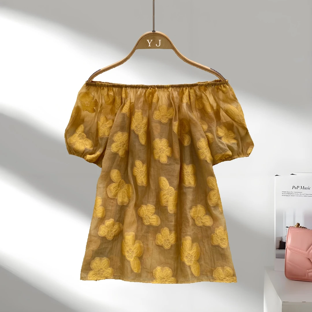 法式时尚一字肩泡泡袖衬衫气质温柔心机露肩薄款提花宽松网纱上衣