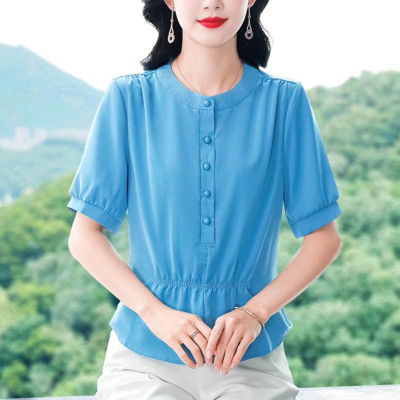 中年妈妈款夏装圆领半开扣短袖衬衫女士夏天收腰衬衣减龄雪纺上衣