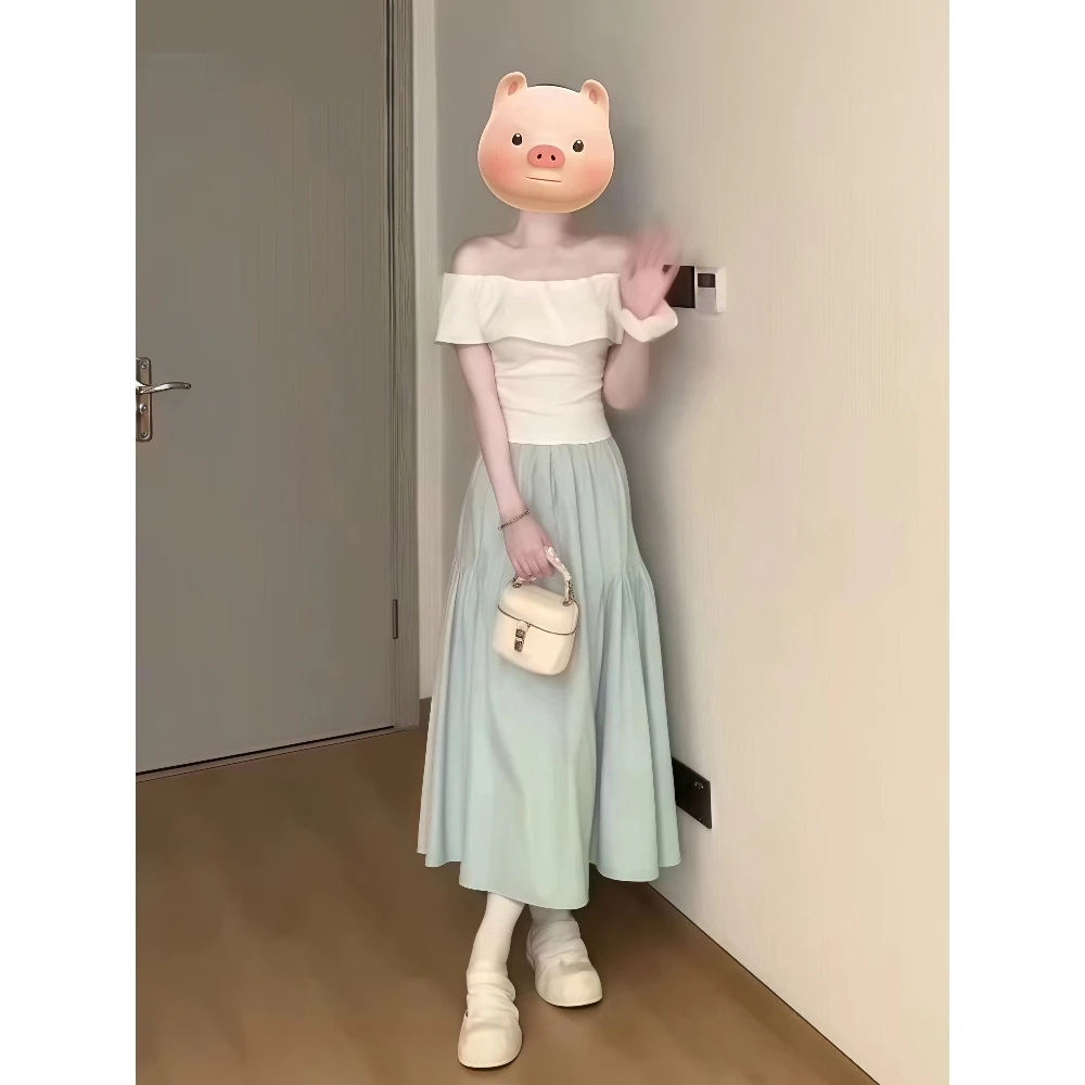 五一出行穿搭一整套小个子慵懒风奶系超仙一字肩上衣半身裙两件套