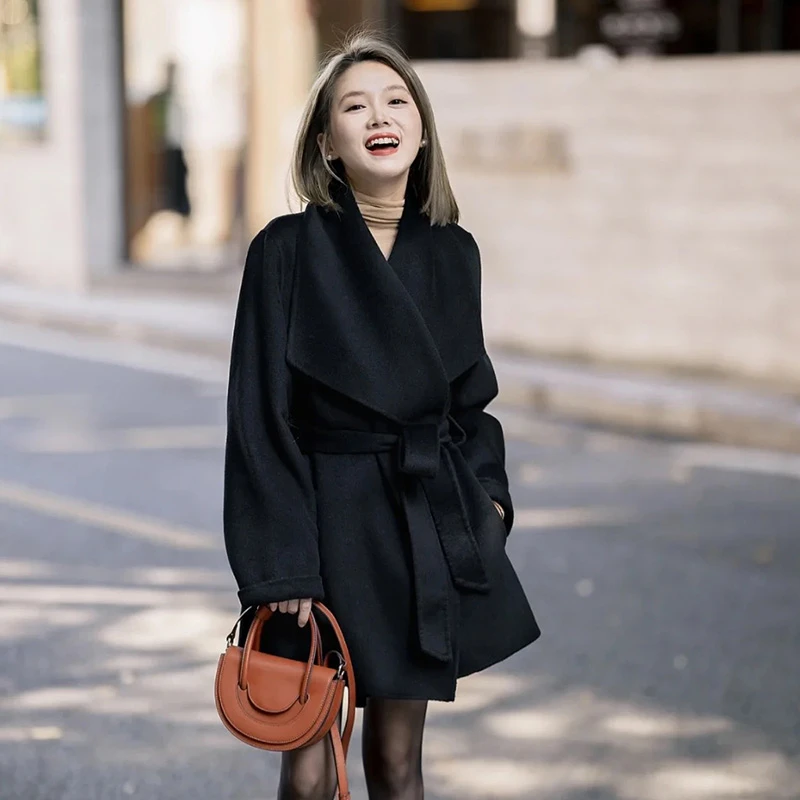 黑色双面羊毛大衣女款2025秋冬新款短款宽松减龄小个子毛呢外套韩