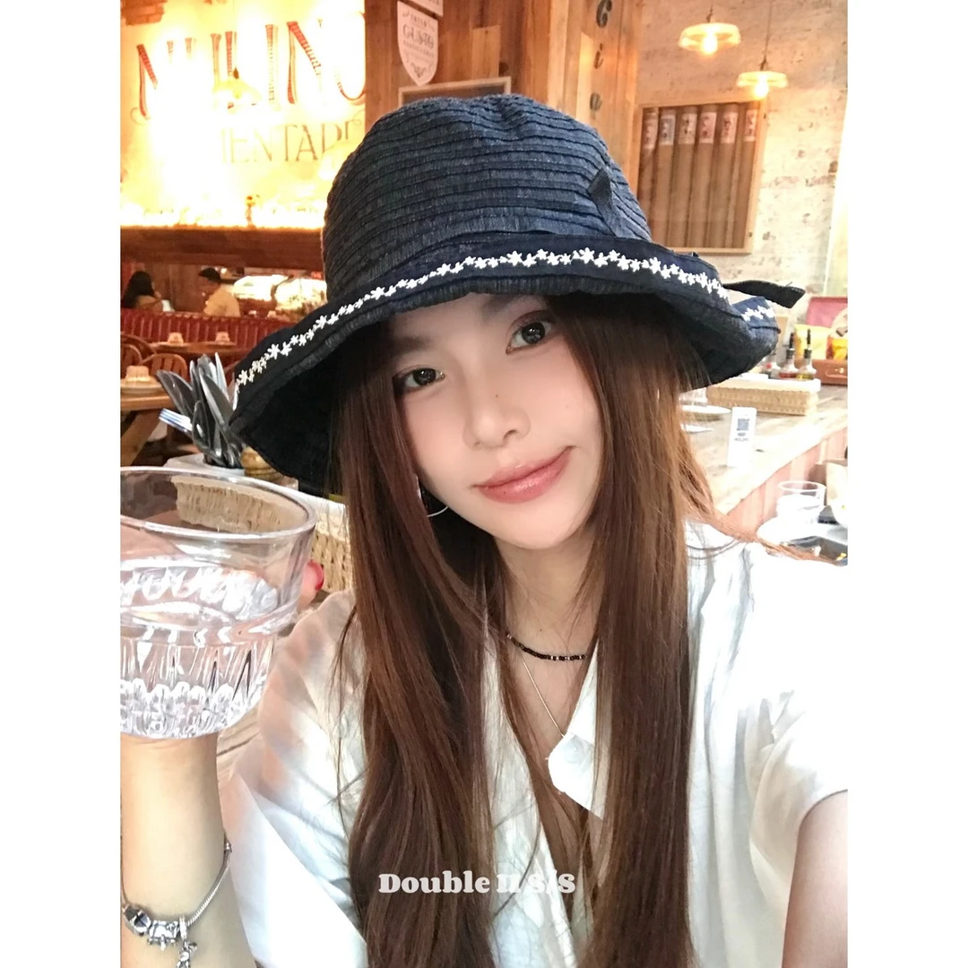 double i i 日系大檐蝴蝶结花边渔夫帽女夏季遮阳防晒透气盆帽