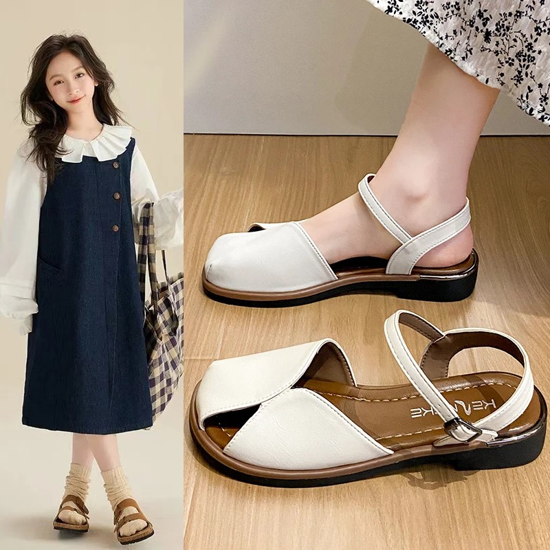 女童凉鞋2025年夏季新款米色软底公主百搭沙滩鞋中大童女包头凉鞋