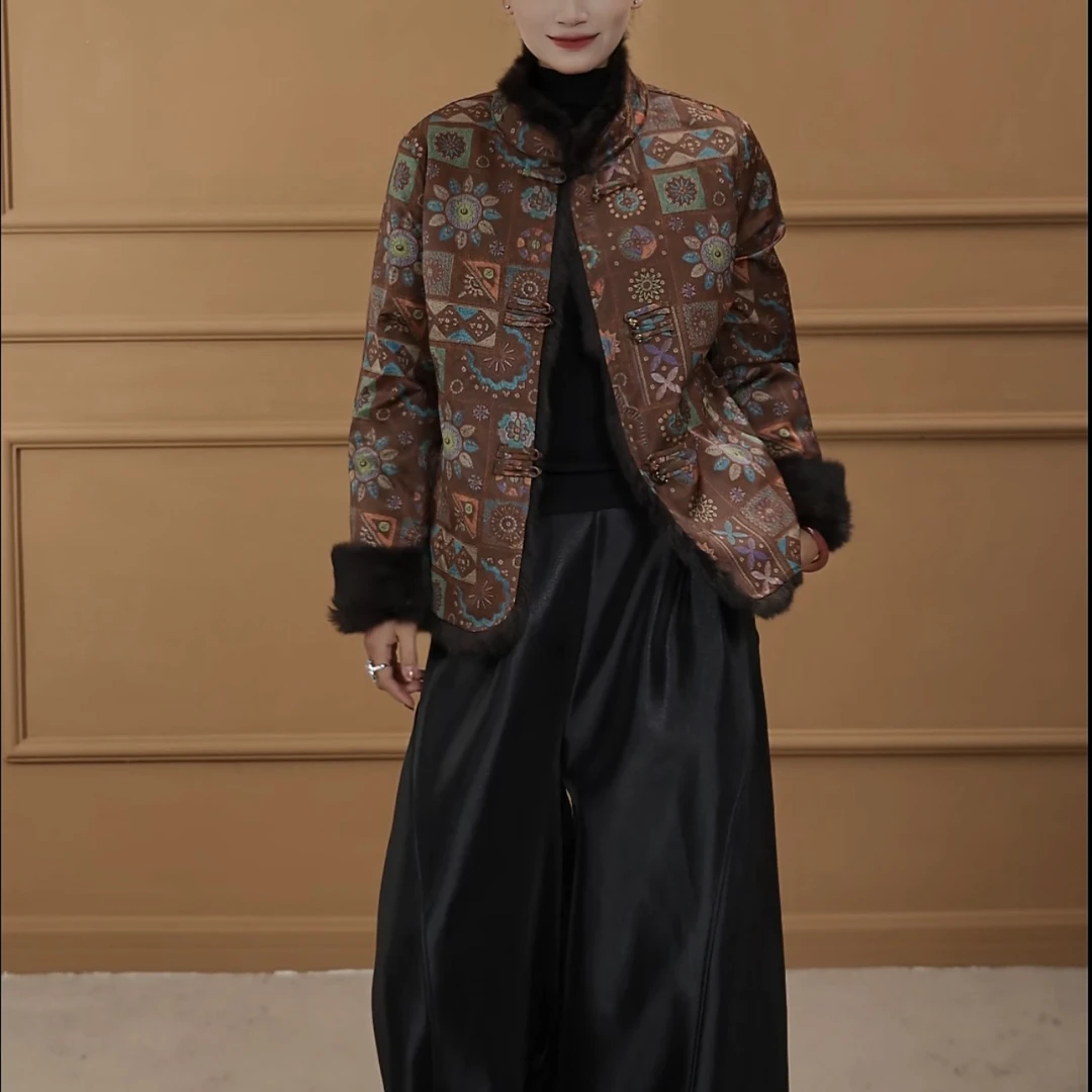 【荷依】单排扣新中式风格长袖国风短外套印花双面双穿加厚立领唐装