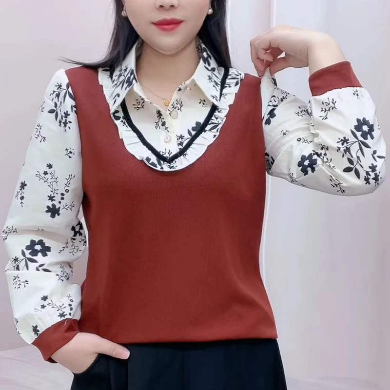 2025春秋新款时尚百搭洋气显瘦气质拼接假两件长袖上衣 衬衫领2