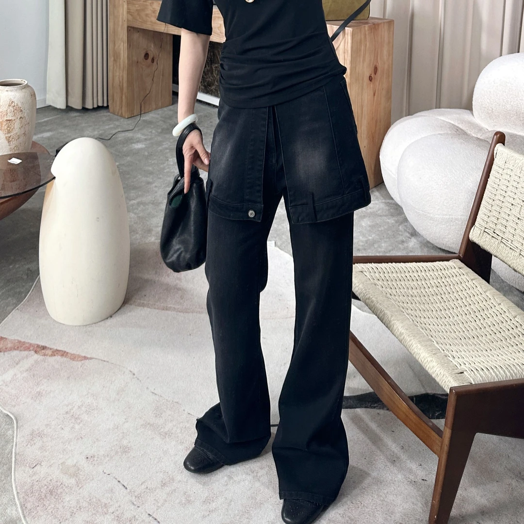 infobyfive2025夏季新款黑色两件套屁帘牛仔裤喇叭裤NF0504015