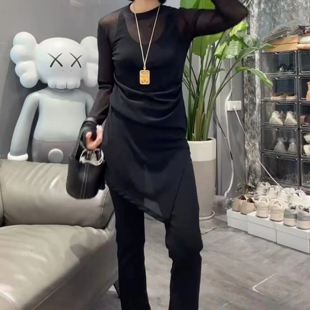 606/4820  圆领网纱微透中长款开衩打底衫显瘦内搭上衣