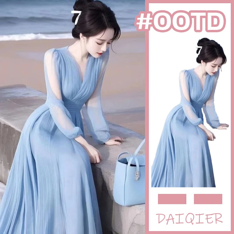 女神范气质高级感春季风情万种沙滩海边度假温柔风蓝色雪纺连衣裙