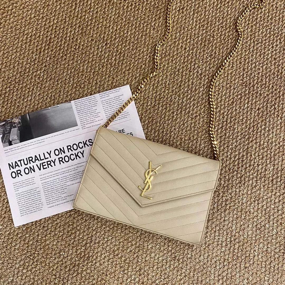 95新 YSL/圣罗兰 鱼子酱牛皮奶茶色信封包woc