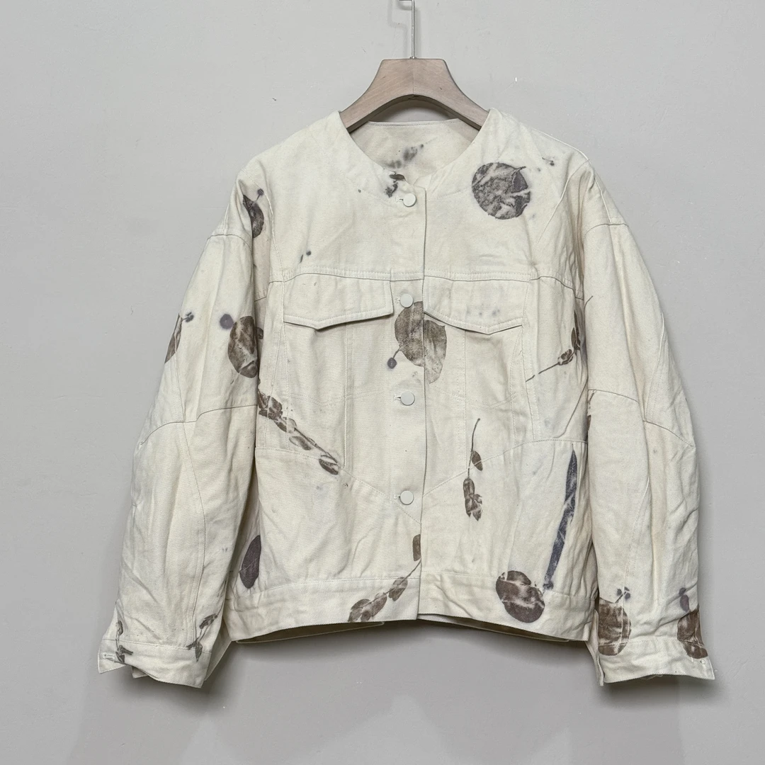 植物染尤加利叶热转印夹克复古宽松牛仔外套短款时尚